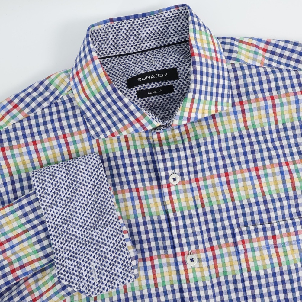 Bugatchi Long Sleeve Button Up Shirt Multicolor Gingham Check Flip Cuff Mens M
